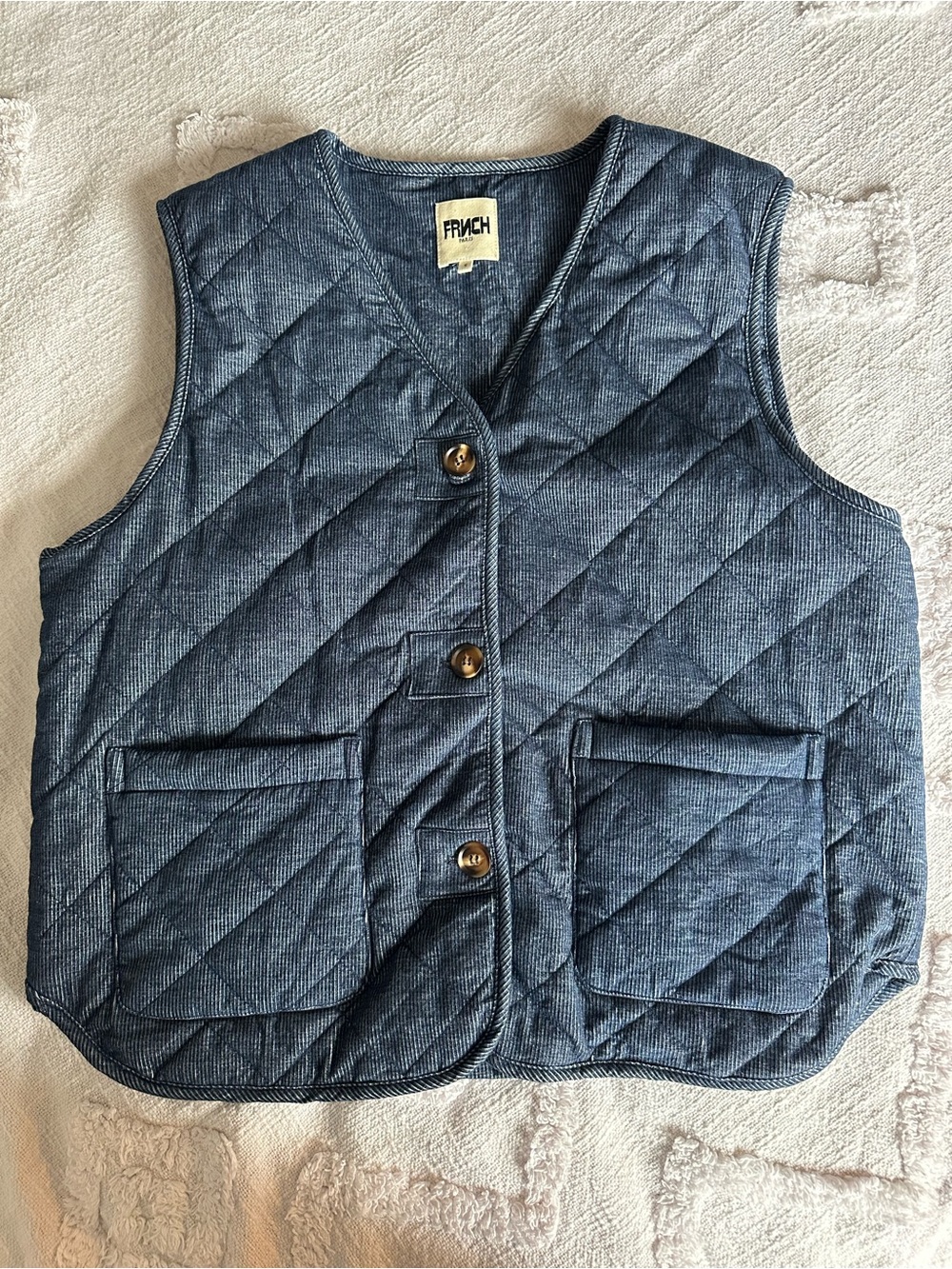 FRNCH Paris Washed Indigo Blue Quilted Utility Vest size S